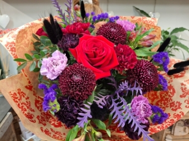 Ruby reds and purple bouquet